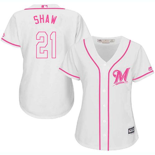 Brewers #21 Travis Shaw White/Pink Fashion Women's Stitched MLB Jersey